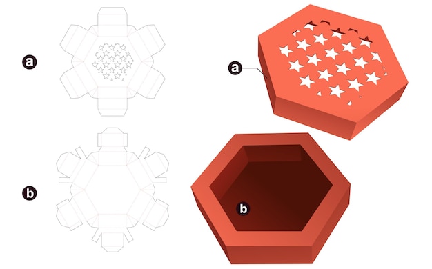 Plantilla troquelada de caja de embalaje y maqueta 3D