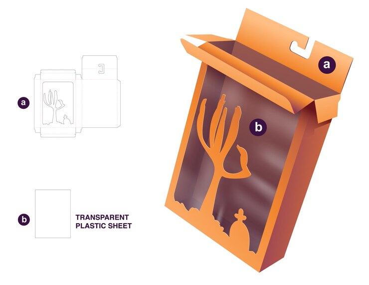 Vector plantilla troquelada de caja de embalaje y maqueta 3d