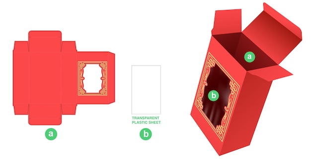 Plantilla troquelada de caja de embalaje y maqueta 3D