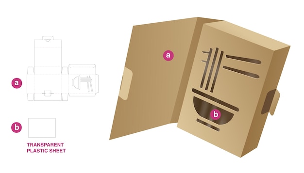 Plantilla troquelada de caja de embalaje y maqueta 3D