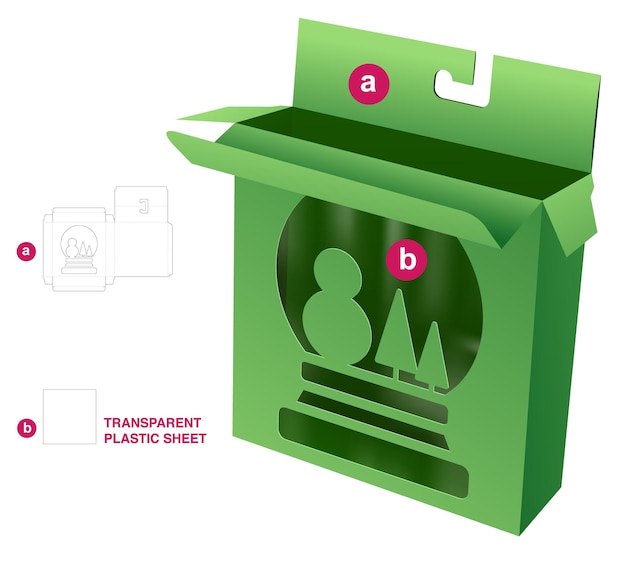 Plantilla troquelada de caja navideña y maqueta 3d