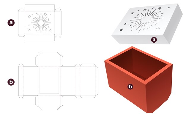 Plantilla troquelada de caja navideña y maqueta 3D