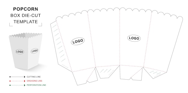 Plantilla troquelada de caja de palomitas de maíz