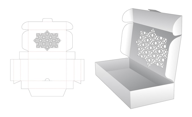 Vector plantilla troquelada de caja plegable con patrón árabe estampado y maqueta 3d