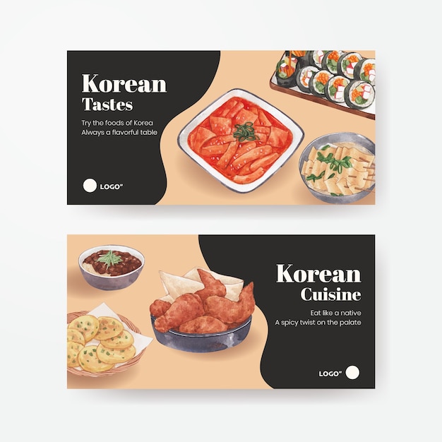 Plantilla de Twitter con concepto de comida coreana, estilo acuarela