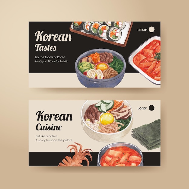 Plantilla de Twitter con concepto de comida coreana, estilo acuarela