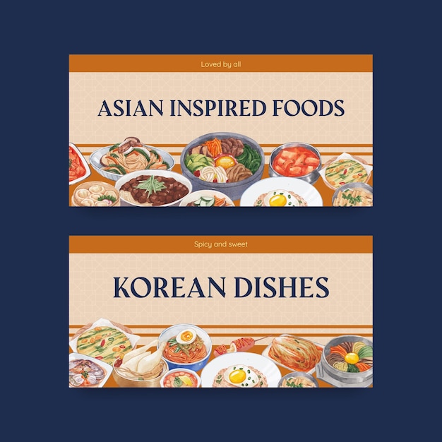 Plantilla de Twitter con concepto de comida coreana, estilo acuarela