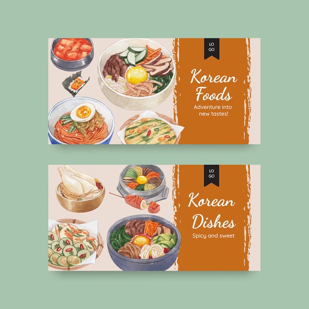 Plantilla de Twitter con concepto de comida coreana, estilo acuarela