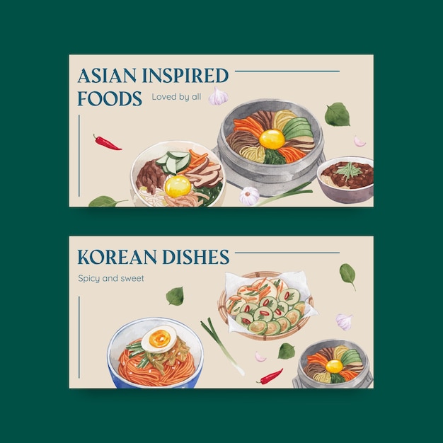 Plantilla de Twitter con concepto de comida coreana, estilo acuarela