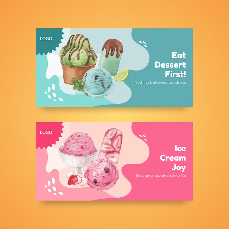 Plantilla de twitter con concepto de sabor a helado, estilo acuarela