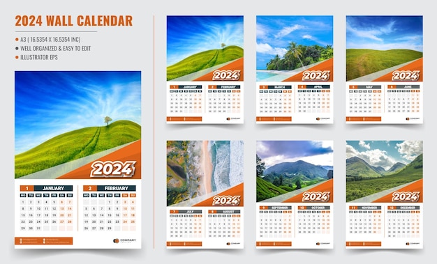 Plantilla única de calendario de pared corporativo de 6 páginas para 2024