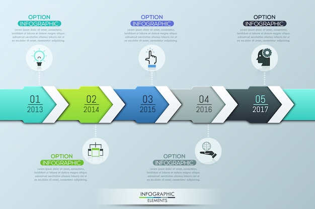 Plantilla única de diseño infográfico, 5 flechas superpuestas multicolores con indicación de año