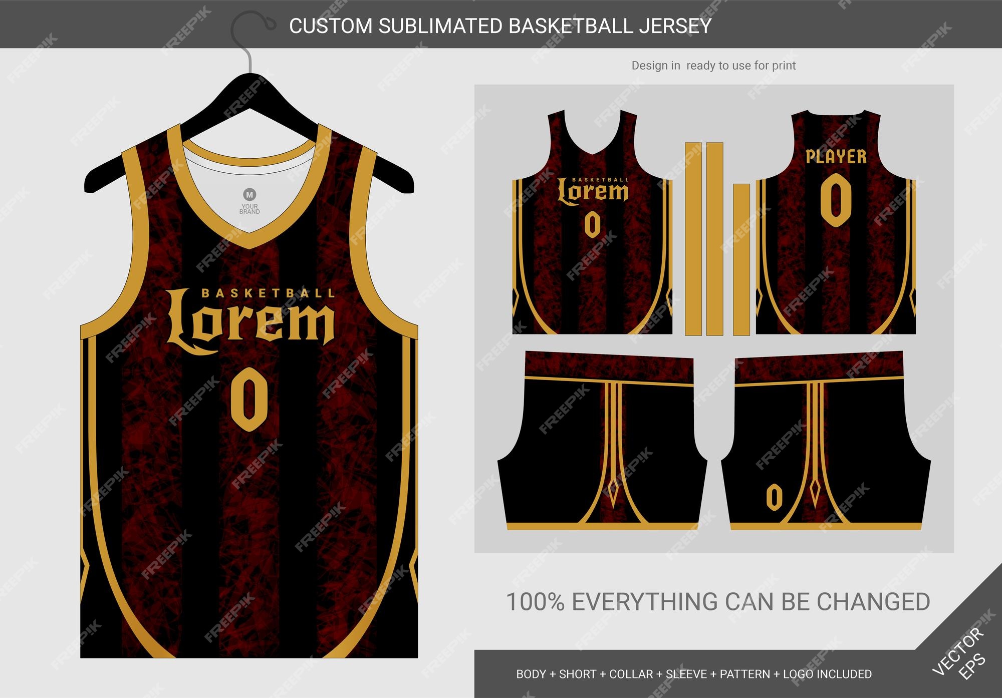 Plantilla de uniforme de jersey de baloncesto rojo y dorado negro abstracto  | Vector Premium