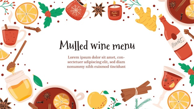 Plantilla de vacaciones de invierno para menú con banner de vino caliente con espacio vacío para texto