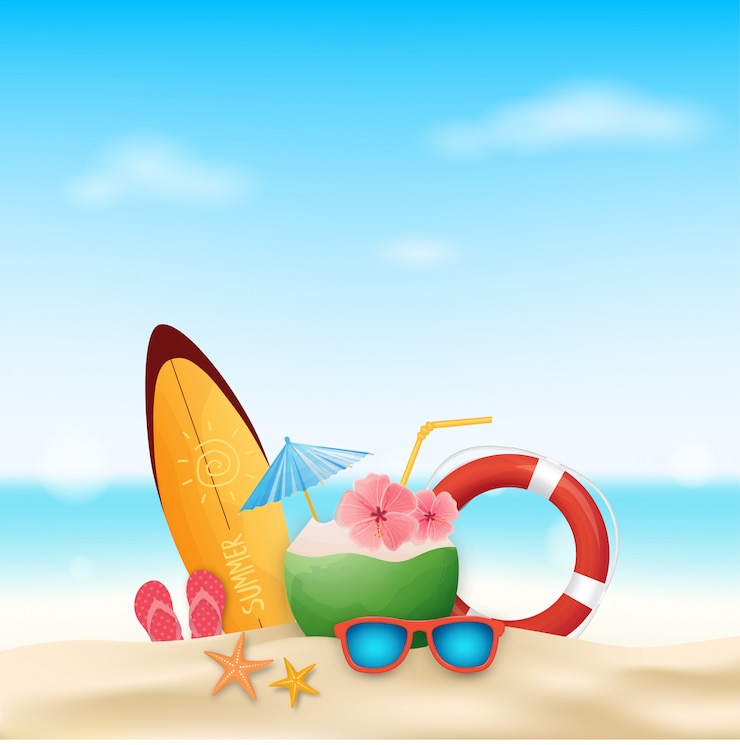 Vector plantilla de vacaciones de verano con accesorios de verano de playa.