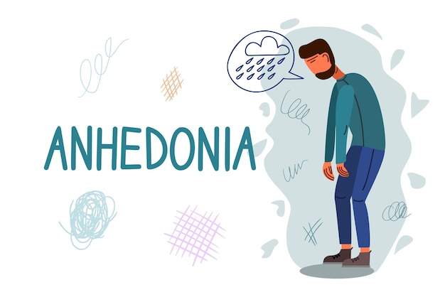 Plantilla de vector de banner dibujado a mano de Anhedonia. Indiferencia emocional, cartel de dibujos animados melancólico.