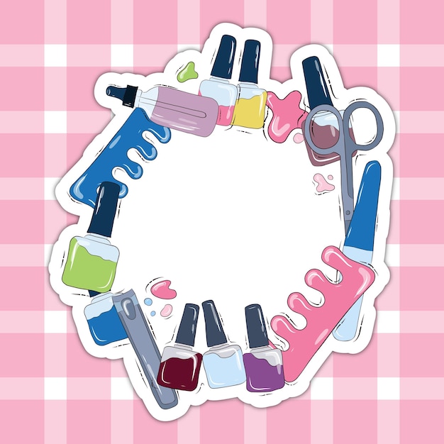 Plantilla de vector para un banner publicitario de salón de belleza. Herramientas de manicura. Ilustración de stock. Espacio para el texto. Fondo cuadriculado. La pegatina.