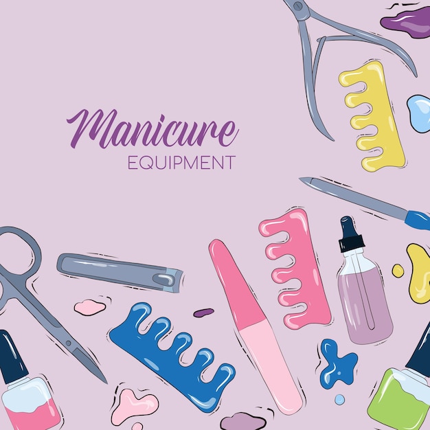 Plantilla de vector para un banner publicitario de salón de uñas. Herramientas de manicura. Ilustración de stock. Fondo morado.