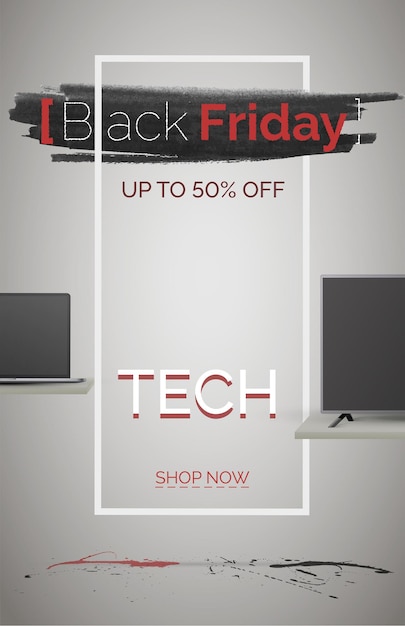 Vector plantilla de vector de banner de venta de tecnología de viernes negro. cartel de descuento estacional. compra de tecnología con reducción de precio. hasta un 50 por ciento de descuento. compre ahora ilustración de diseño 3d. anuncio de marco con estilo