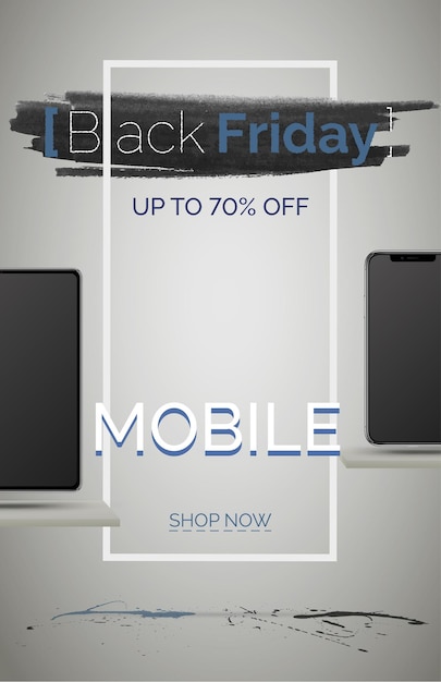 Plantilla de vector de banner de venta de teléfono móvil de viernes negro. Cartel de descuento estacional. Compra de smartphones con reducción de precio. Hasta un 70 por ciento de descuento. Anuncio de oferta especial. Página de inicio de la tienda online