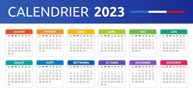 Plantilla de vector de calendario francés colorido año 2023. Ilustración moderna de planificador y organizador.