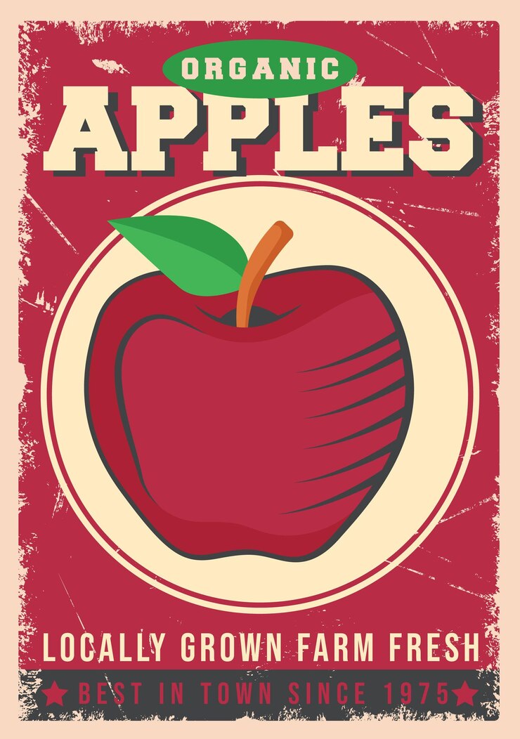 Vector plantilla de vector de cartel retro de anuncios y volantes de mercado de frutas de manzana