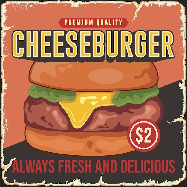 Plantilla de vector de cartel retro promo de publicidad de comida rápida de hamburguesa con queso
