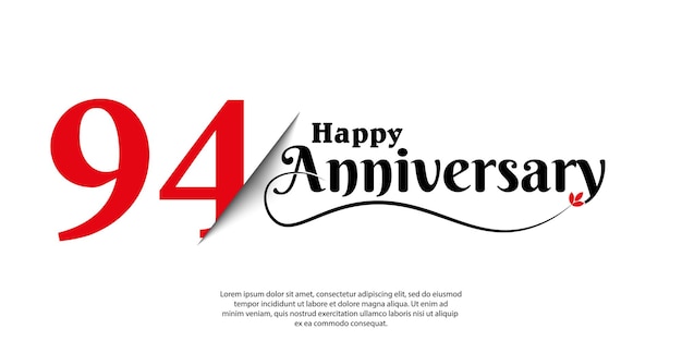 Plantilla de vector de celebración de 94 aniversario con rojo y negro sobre fondo blanco diseño abstracto