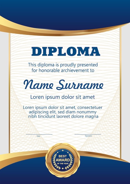 Plantilla de vector de certificado de color azul y dorado