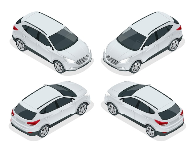 Plantilla de vector de coche isométrica sobre fondo blanco. Crossover compacto, CUV, camioneta familiar de 5 puertas. Vector de plantilla aislado.