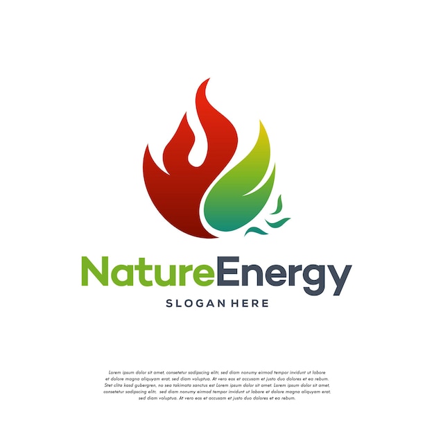 Plantilla de vector de concepto de diseño de logotipo de energía natural. Hoja con forma de gota de llama de fuego Icono de concepto de logotipo