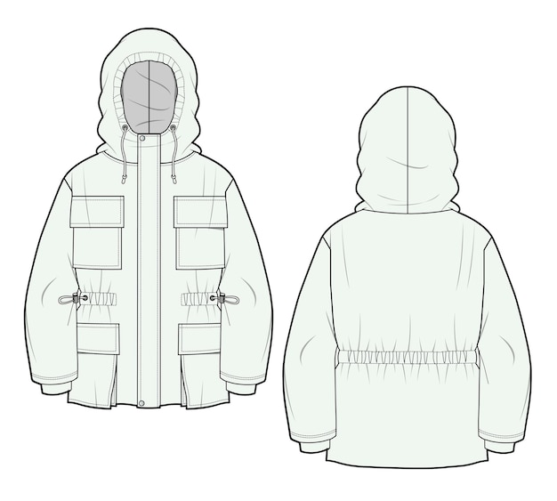 Plantilla de vector de dibujo plano técnico de chaqueta Parka