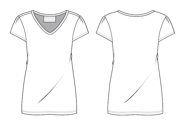 Vector plantilla de vector de dibujo plano técnico de vista frontal y posterior de camiseta de manga corta con cuello en v para damas