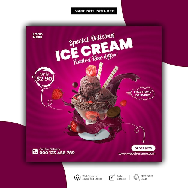 Vector plantilla de vector de diseño de banner de publicación de redes sociales de helado delicioso especial