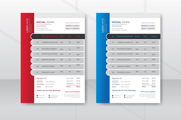 Plantilla de vector y diseño de factura comercial moderna