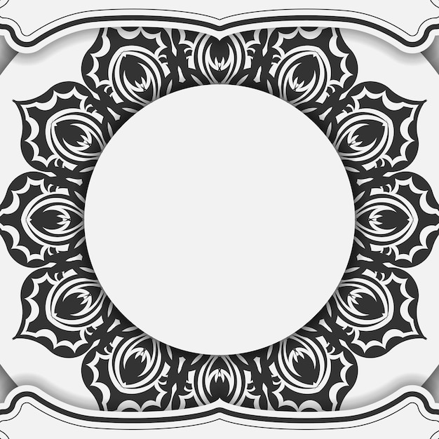 Plantilla de vector para diseño de impresión postal color blanco con adorno de mandala negro. Preparando una invitación con un lugar para su texto y patrones.