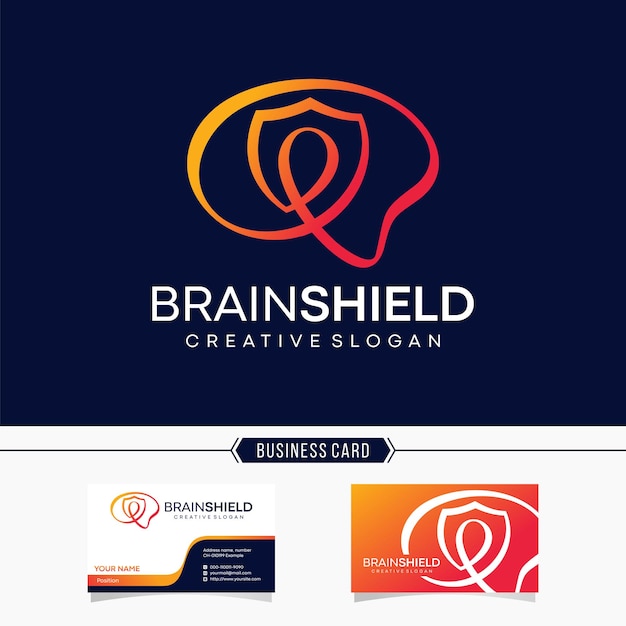 Plantilla de vector de diseño de logotipo de escudo de cerebro creativo y tarjeta de visita