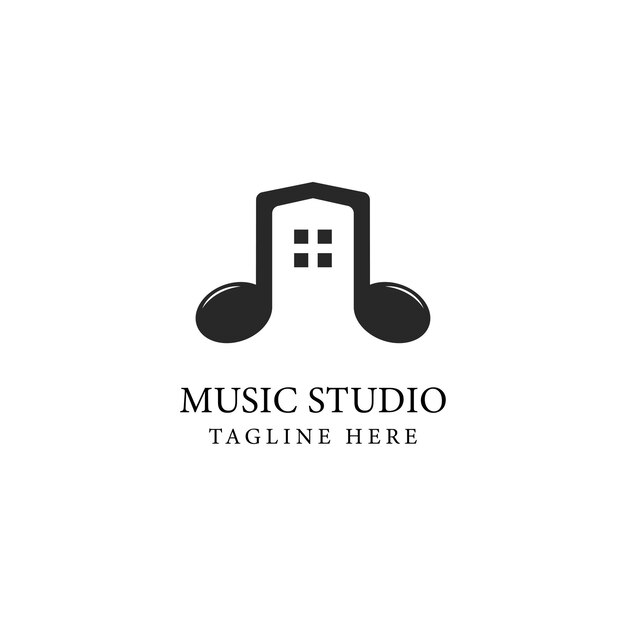 Plantilla de vector de diseño de logotipo de estudio de música con icono de nota y casa