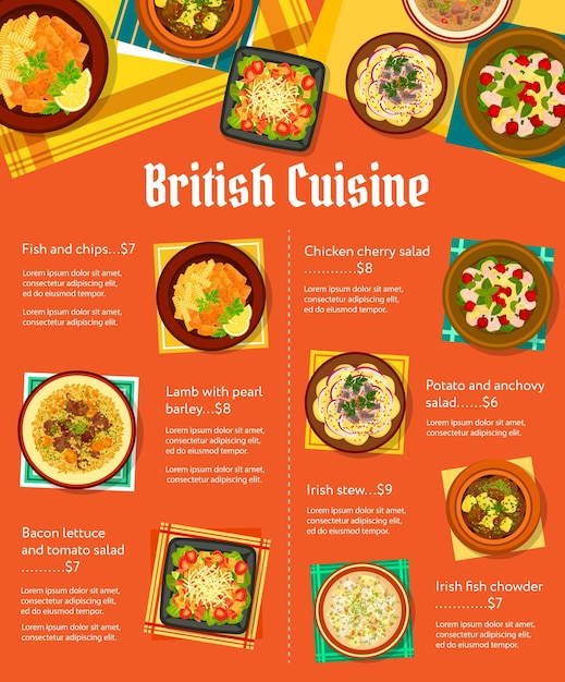 Plantilla de vector de diseño de página de menú de cocina británica