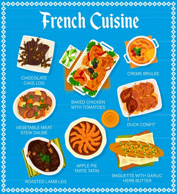 Plantilla de vector de diseño de página de menú de cocina francesa