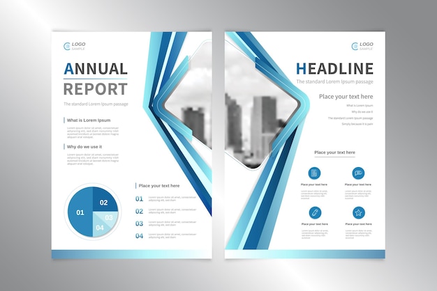 Plantilla de vector de diseño de portada de informe anual de negocios en proporción A4 de tema azul blanco con espacio para agregar su imagen