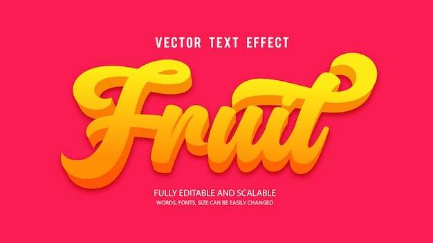 Plantilla de vector de efecto de texto editable de fruta con lindo estilo de fondo 3d