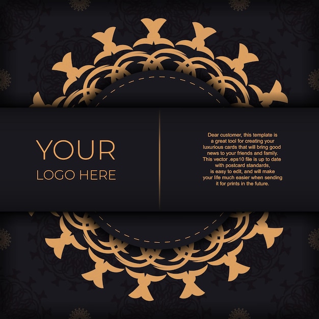 Plantilla de vector elegante para postal de diseño de impresión en color negro con adornos griegos. Preparando una invitación con patrones de rocío.