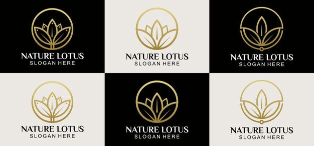 Plantilla de vector de flor de loto con sombras de línea y logotipo de la empresa