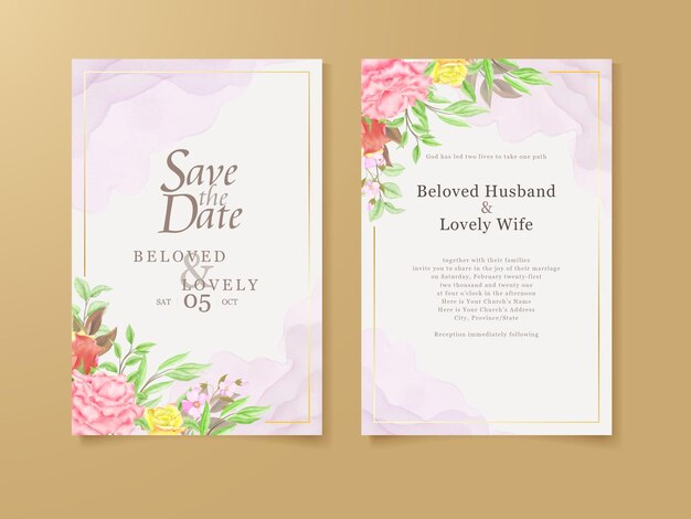 Plantilla de vector floral de tarjeta de invitación de boda acuarela