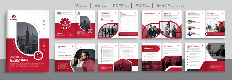 Plantilla de vector de folleto de perfil de empresa de tamaño A4 de color rojo moderno corporativo abstracto 16 páginas