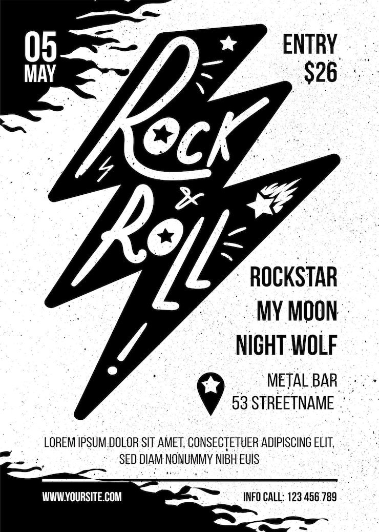 Vector plantilla de vector de folleto plano de concierto de música rock. fiesta de rock n roll, banner de eventos de entretenimiento.