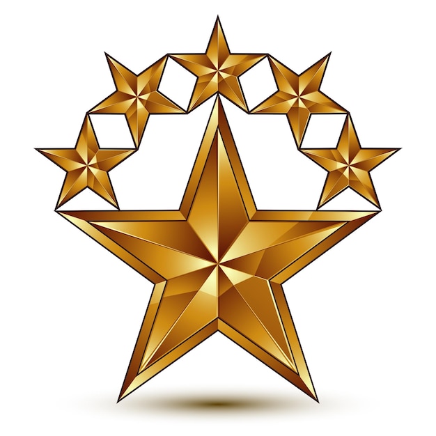 Plantilla de vector glamoroso con símbolo de estrella dorada pentagonal, mejor para uso en diseño web y gráfico. Icono heráldico 3d conceptual, claro vector eps8.