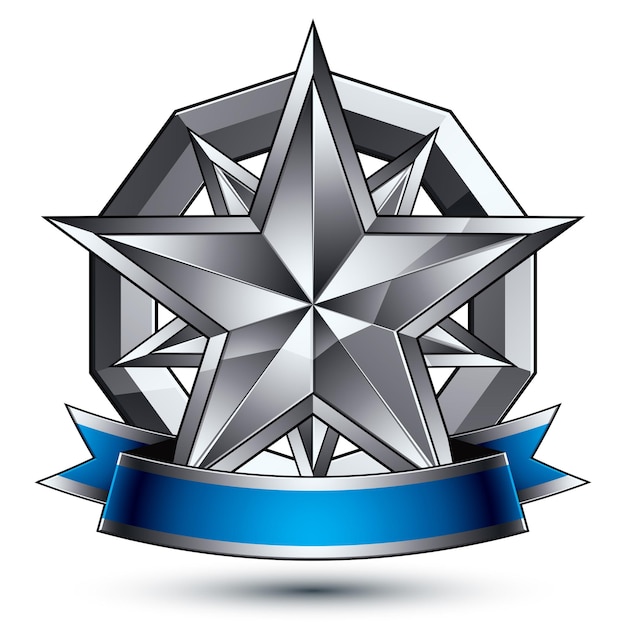 Plantilla de vector glamoroso con símbolo de estrella de plata poligonal, mejor para uso en diseño gráfico y web. Icono heráldico conceptual con maravillosa tira suave, claro vector eps8.