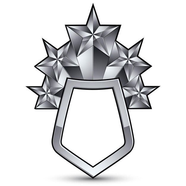 Plantilla de vector heráldico 3d con cinco estrellas de plata pentagonales, medallón geométrico real dimensional complicado aislado sobre fondo blanco.